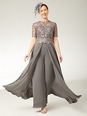 tanie Kombinezony mamy-Kombinezony dla matki panny młodej Elegancka sukienka w kształcie diamentu Długość do kostek Elastyczny Chiffon krótki rękaw z koronkowymi plisami