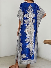 billiga Bohemklänningar-Dam Maxiklänning Vardagsklänning Boho Chic klänningar Boho-klänning bohemliv söt stil Stylish Semester Dagligen Strand Lös passning Grafisk Kortärmad V-hals Rubinrött Blå Sommar Vår Höst