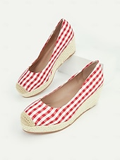 cheap Platform Heels-Women&#039;s Red Gingham Espadrille Wedge Heels with Crochet Toe Cap, Vintage Style Summer Shoes for Casual and Vacation Wear