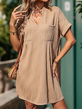 Жен. Повседневное платье Мини-платье Карман На каждый день V-образный вырез С короткими рукавами Цвет хаки Цвет Недорогие Простое платье-Жен. Повседневное платье Мини-платье Карман На каждый день V-образный вырез С короткими рукавами Цвет хаки Цвет