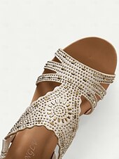 cheap Vacation Sandals-Women&#039;s Bohemian Rhinestone Wedge Sandals – Sparkly Elastic Strap Open-Toe Shoes for Summer, Beach, Casual &amp; Evening Wear