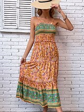 levne Boho šaty-Dámské Maxi šaty Volnočasové šaty Boho Chic šaty Boho šaty Čechy stylové Na běžné nošení Dovolená Denní Plážové Volný Grafika Bez rukávů Do V Oranžová Léto Jaro