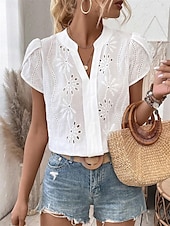 billige Blonder topper-Dame Skjorte Bluse Helfarge Daglig Stilfull Fritid Kortermet V-hals Vanlige topper Arbeid Daglig Ut på byen Broderi Hvit Sommer Vår