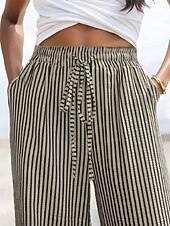 abordables jambe large et taille haute-Femmes Joggings Chinos Mode Streetwear Longueur complète Taille haute Rayé Avec Poches Ceinture Élastique Confortable Doux Micro-Élastique Extérieur Rue Noir Printemps &amp; Automne Coupe régulière