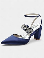 cheap Formal-Women&#039;s Black Satin Pointed Toe Heels – Rhinestone Embellished Ankle Strap Chunky Heels for Evening Parties and Weddings