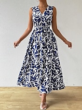 baratos Vestidos Florais Elegantes-vestido longo feminino floral com decote em v sem mangas verão primavera