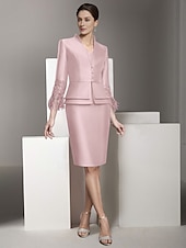 cheap With Jacket-Two Piece Sheath / Column Dress Suit Mother of the Bride Dress Elegant Vintage V Neck Knee Length Satin 3/4 Length Sleeve with Feather Beading Derby Dress Race Day Dress 2025