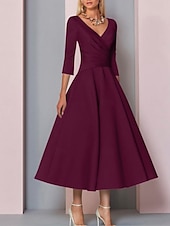 voordelige Vloerlengte-Strand Bruiloft A-Lijn Gouden Jurken Moeder van de Bruid Jurk Bruiloft Gast Elegante Vintage Plus Size V Hals Thee Lengte Satin 3/4 Lengte Mouw met Plissé dress to impress 2025 gratis op maat gemaakt