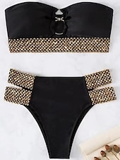 billiga Bikiniset-Dam Badkläder Bikini 2 st Kaxig Baddräkt Öppen rygg Smal Semester Standkläder Geometrisk Axelbandslös Ärmlös Baddräkter