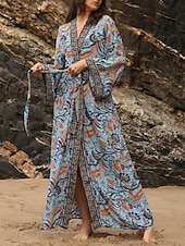 preiswerte Kleider für die Ferien-Damen Blumen V-Ausschnitt Maxikleid Langarm Sommer Frühling