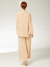 baratos Terninhos de calça da mamãe-Macacões 3 Peças Mãe da Noiva Elegante Plus Size Inclui Envoltório Gola Bateau Corte Longo Chiffon Sem Mangas com Renda 2025