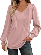 cheap Plain tee-Women&#039;s Shirt Blouse Solid Color Basic Casual Long Sleeve V Neck Regular Tops Daily Ruched Smocked Pink Blue Green Summer Spring