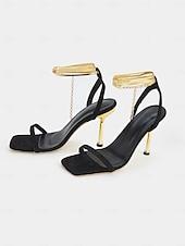 cheap Dress Sandals-Women&#039;s Black Suede Stiletto Heels with Gold Wrap-Around Ankle Straps and Square Toe – Sexy High Heel Sandals for Parties and Evening Events