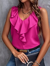 abordables Débardeurs et camisoles femme-Débardeur femme sans manches uni basique décontracté à col en V haut régulier en volants noir vert clair fuchsia été printemps