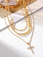 cheap Women&#039;s Necklace-Layered Gold Chain Necklace Set with Cross Pendant and Simulated Rhinestone Accents – Fashionable Jewelry for Women, Perfect for Parties, Everyday Wear, and Special Occasions