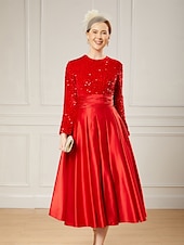 economico Lunghezza del pavimento-Abito A-Line per madre della sposa elegante collo gioiello lungo fino al pavimento in satin maniche lunghe con pieghe e paillettes