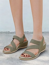 クッションソール付きレディースグリーン伸縮性ストラップウェッジサンダル - カジュアルウェアや旅行に最適な快適な夏用シューズ お買い得  快適なサンダル-クッションソール付きレディースグリーン伸縮性ストラップウェッジサンダル - カジュアルウェアや旅行に最適な快適な夏用シューズ