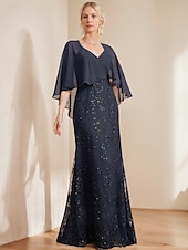 abordables Longueur du plancher-robe trapèze robe mère de la mariée élégante scintillante&amp;amp;Robe longue en mousseline de soie à col en V et manches courtes avec paillettes en dentelle 2025