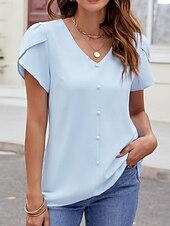 billige Kvinne Enkle Topper-Dame Skjorte Bluse Helfarge Grunnleggende Fritid Kortermet V-hals Vanlige topper Daglig Perler Svart Himmelblå Fuksia Sommer Vår