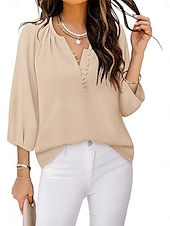 ieftine Topuri de lucru pentru femei-Pentru femei Cămașă Bluză Culoare solidă Afacere Modern Casual Lungime Manșon 3/4 În V Topuri obișnuite Muncă Îmbrăcăminte formală Nasturi Mov Bej Vară Primăvară
