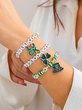 billige Damearmbånd-st. patrick&#039;s day lucky charm armbånd – irsk grønn beaded stretch armbåndsett for kvinner, festlig ferietilbehør med shamrock og bokstavdetaljer