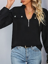 economico Top Semplici da Donna-Per donna Camicia Tinta unica Elegante Moda Informale Manica lunga A V Da mare Feste Giornaliero Nero Primavera Autunno