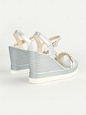 preiswerte Lässige Sandalen-Silberne Damen-Keilsandaletten mit Perlenverzierung und Fesselriemchen, elegante Plateauschuhe für Hochzeiten, Partys und besondere Anlässe