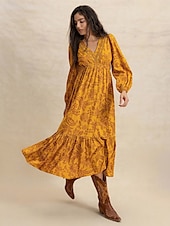 levne Boho šaty-Dámské Maxi šaty Volnočasové šaty Boho šaty s dlouhým rukávem Boho šaty Na běžné nošení Cikánský Nahoře nabírané Domů Práce Denní Běžný Grafika Geometrický Dlouhý rukáv Do V Žlutá Hnědá Léto Jaro