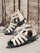 cheap Casual Sandals-Women&#039;s Gladiator Strappy Open Toe Sandals with Double Buckle, Low Wedge Heel Comfortable Summer Shoes for Casual, Vacation, and Daily Wear