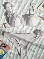 billiga Bikiniset-Dam Badkläder Bikini 2 st Kaxig Baddräkt Öppen rygg Smal Blommor i 3D Semester Standkläder Ensfärgat V-hals Ärmlös Baddräkter