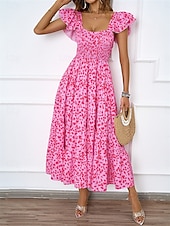 رخيصةأون فساتين الحفلات-فستان نسائي متوسط الطول برقبة مربعة وأكمام قصيرة للصيف والربيع