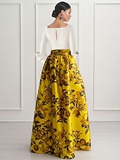 cheap YELLOW-A-Line Evening Gown High Split Dress Formal Floor Length Long Sleeve V Neck Satin with Floral Print Wedding Guest Dress