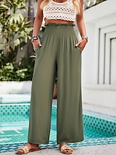 abordables pierna ancha y cintura alta-Mujer Chinos Polainas Moda Ropa de calle Longitud total Alta cintura Plano Bolsillo Cintura elástica Confortable Suave Cómodo Microelástico Exterior Calle Ejército verde Marrón Verano Primavera