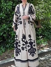 cheap Boho Dress-Women&#039;s Maxi Dress Casual Dress Swing Dress Boho Dress Vintage Ethnic Casual Vacation Daily Regular Fit Floral Long Sleeve Notched Neck Black White Spring Fall