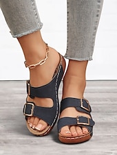 cheap Vacation Sandals-Women&#039;s Dark Blue Double Buckle Slip-On Sandals with Cushioned Sole, Casual Summer Shoes for Beach and Everyday Wear