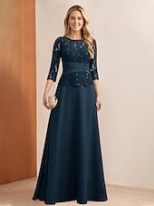 billiga Golvlängd-A-Line Klänning Brudens Mor Klänning Elegant Fest Ädel Halsringning Golvlängd Chiffon Spets 3/4 Längd Ärmar med Spetsapplikationer