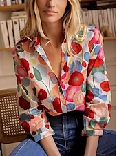 cheap Women&#039;s Graphic Tops-Women&#039;s Shirt Blouse Floral Graphic Elegant Stylish Casual Long Sleeve Shirt Collar Regular Tops Work Daily Holiday Buttons Red Summer Spring