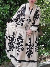 cheap Boho Dress-Women&#039;s Maxi Dress Casual Dress Swing Dress Boho Dress Vintage Ethnic Casual Vacation Daily Regular Fit Floral Long Sleeve Notched Neck Black White Spring Fall