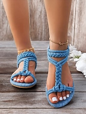 billiga Semester Sandaler-bruna flätade platta sandaler med t-rem för kvinnor med elastiskt ankelband - sommarskor i boho-stil för strand- och fritidskläder
