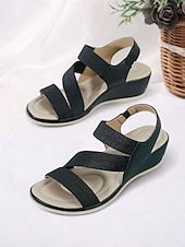 クッションソール付きレディースグリーン伸縮性ストラップウェッジサンダル - カジュアルウェアや旅行に最適な快適な夏用シューズ お買い得  快適なサンダル-クッションソール付きレディースグリーン伸縮性ストラップウェッジサンダル - カジュアルウェアや旅行に最適な快適な夏用シューズ