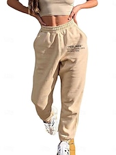 billiga Damjoggers-Dam Asiatisk storlek Byxor Träningsbyxor Mode Ledigt vardag Fullängd Hög midja Bokstav Elastisk midja Bekväm Mateial som andas Mjuk Microelastisk Utomhus Fritids- Vit Kaki Vår, Höst, Vinter, Sommar