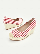 cheap Platform Heels-Women&#039;s Red Gingham Espadrille Wedge Heels with Crochet Toe Cap, Vintage Style Summer Shoes for Casual and Vacation Wear
