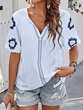 tanie Gładkie bluzki-Damskie Koszula Popover Letnia koszula Codzienna koszula Bluzka Haft Kwiaty Urlop Elegancki Codzienny Rękaw 1/2 W serek Zwykłe topy Codzienny Plaża Święto Niebieski Rumiany róż Granatowy Morelowy