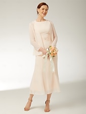 preiswerte Teelänge-zweiteiliges Etui-/Säulenkleid für die Mutter der Braut, elegantes Übergrößen-Ringhalskleid in Wadenlänge, ärmelloses Chiffon-Wickelkleid mit Schärpe/Band, Falten, Perlenbesatz, 2025