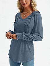 cheap Plain tee-Women&#039;s Shirt Blouse Solid Color Basic Casual Long Sleeve V Neck Regular Tops Daily Ruched Smocked Pink Blue Green Summer Spring