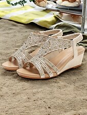cheap Vacation Sandals-Women&#039;s Bohemian Rhinestone Wedge Sandals – Sparkly Elastic Strap Open-Toe Shoes for Summer, Beach, Casual &amp; Evening Wear