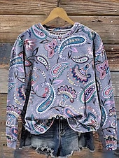 billige Boho topper-Dame Blomstret Fritid Langermet Hettegenser Vanlige topper Trykt mønster Lilla Høst Vinter