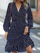 cheap Work Dresses-Women&#039;s Mini Dress Casual Dress A Line Dress Stylish Casual Vacation Daily Regular Fit Polka Dot Long Sleeve V Neck Navy Blue Green Spring Fall