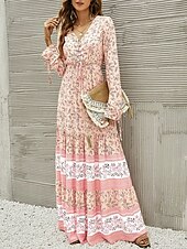 preiswerte Ausgefallene Kleider-Damen Maxidress Casual kleid Schaukelkleid Langärmliges Boho-Kleid A Linie Kleid Böhmen Brautkleider schlicht Urlaub Täglich Regular Fit Blumen Langarm V Ausschnitt Gelb Rosa Blau Frühling Herbst