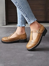 abordables Années 1950-chaussures Mary Jane en similicuir marron clair pour femmes avec bride en T et détails brogue, semelle robuste pour un port quotidien confortable et des tenues de style vintage